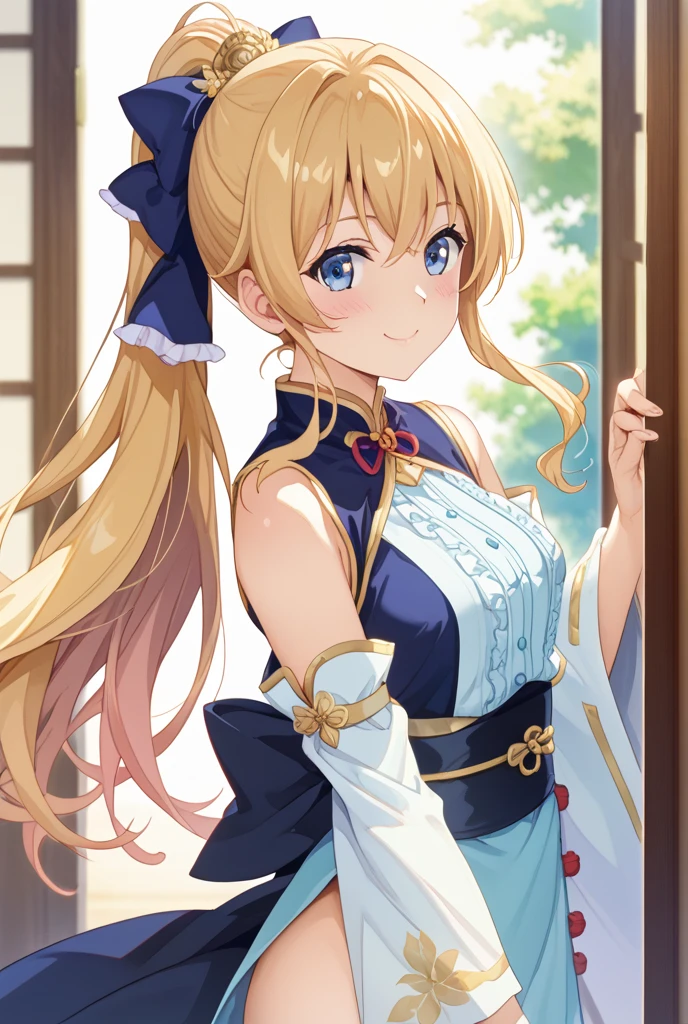1girl,two side up,long hair,blonde hair,medium breasts,fusion of floral print kimono and ball gown,turquoise eyes,dance hall,cowboy shot,