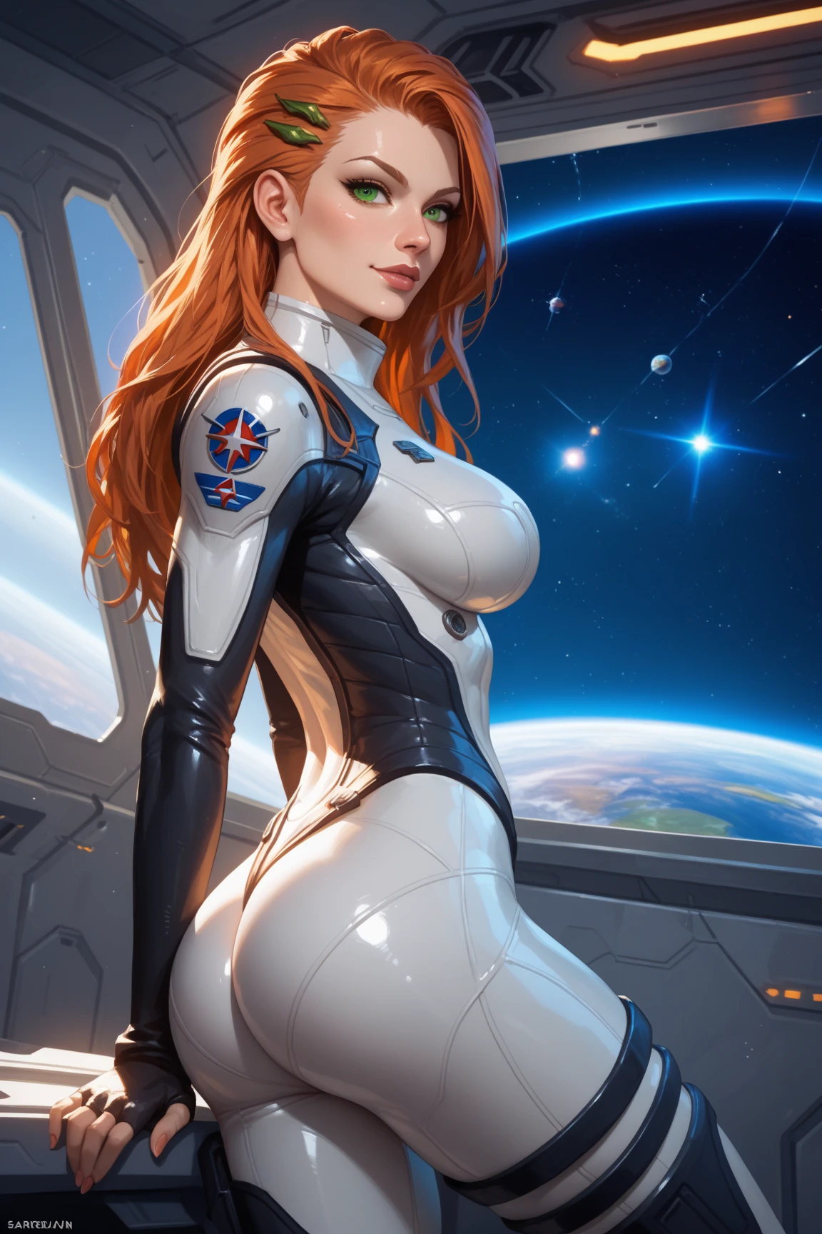 teen astronauts vintage makeup light tanned skin dark orange eyes short wavy hair vintage hairstyle thin hips muscular medium buttocks medium breasts together torn spacesuit on Jupiter