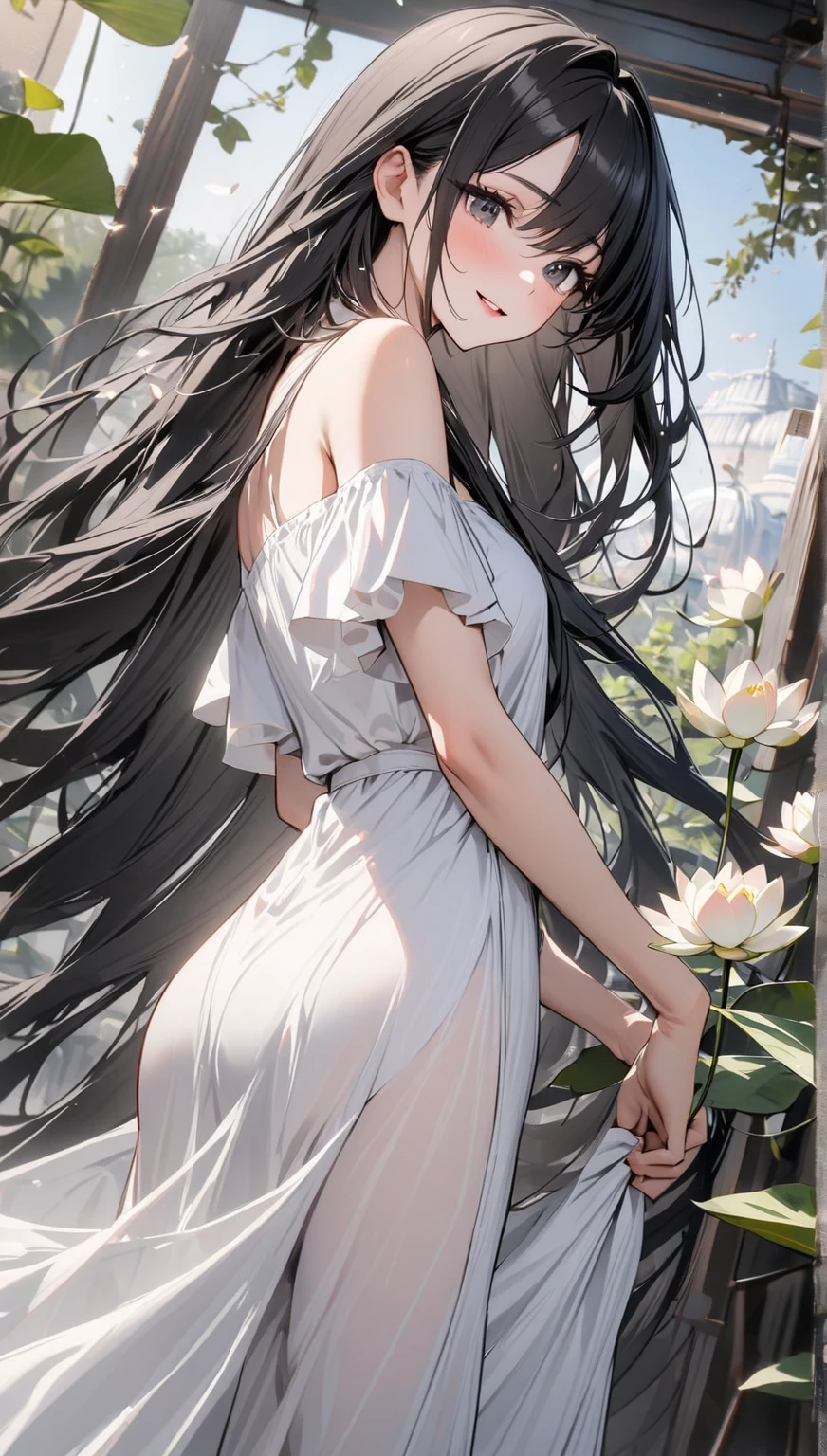 anime girl with long hair and big breast standing in a field, , Anime goddess, seductive anime girl, thick black lineart, ahegao, opal proportions, anime girl with long hair, of dress, black and white manga style, white haired deity, anime body transparent dress. Shownod panties.