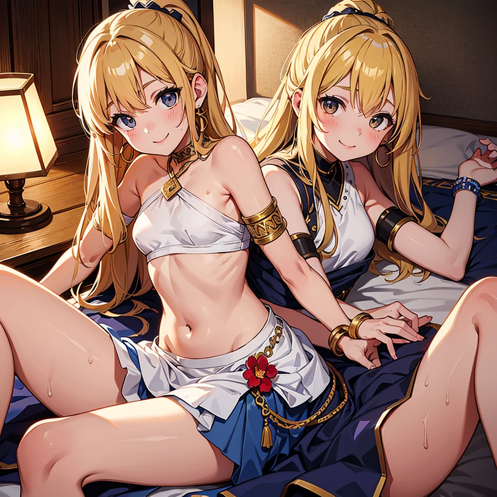Anime Woman, sslim, Large breast, lying on the floor on a cushion, white dress with lots of gold details , not completely covering the breasts, blonde long hair, shiny beautiful legs and arms stretched in all four directions, view from above, Cheeks very red, Hands and feet tied to the ground by large chains, curve between the legs