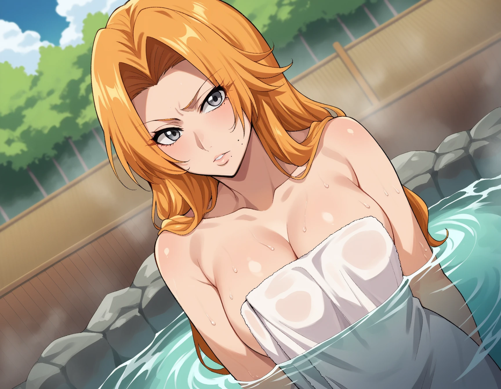 (masterpiece, Highest quality, 8k, beautifully, aesthetic: 1.2), Very detailed, most detailed, Grey Eyes, Honey Hair, Long Orange hair, huge, , Silver Chain, Micro Bikini), Matsumoto Rangiku, Graffiti art, huge Breasts, , smile, (Oily skin, Glowing Skin, Shiny skin, Professional Lighting), (Adult beautiful woman, Random Angle, Upper Body),