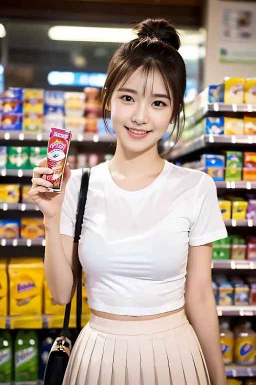 （Realistic, photo-Realistic:1.37),(8K, RAW Photos, Highest quality, masterpiece:1.2), cute, Ultra-detailed, 超High resolution, Kodak Vision Color, Filmed with an Arricam LT camera,Highest quality, Lively, 8K, High resolution, 1 girl, Escape, (Professional Lighting), (Portraiture:0.6), Black Hair, (Medium Hair）,22 years old、convenience store、clerk、Convenience store uniforms、Arrange the products、smile、
