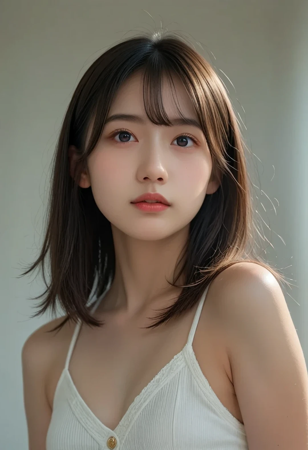 (masterpiece, best quality:1.2), (beautiful quality, photorealistic, looking at viewer, detailed lighting:1.2), from front, (15 years old:1.9), (short face:1.4), (extremely detailed skin, extremely detailed hair, extremely detailed teeth, shadows, 8k:1.2), huge breasts, (full body), blunt bangs, cowboy shot, (a picture of a woman, 1girl:1.2), wet, shiny skin, white bra, white background,