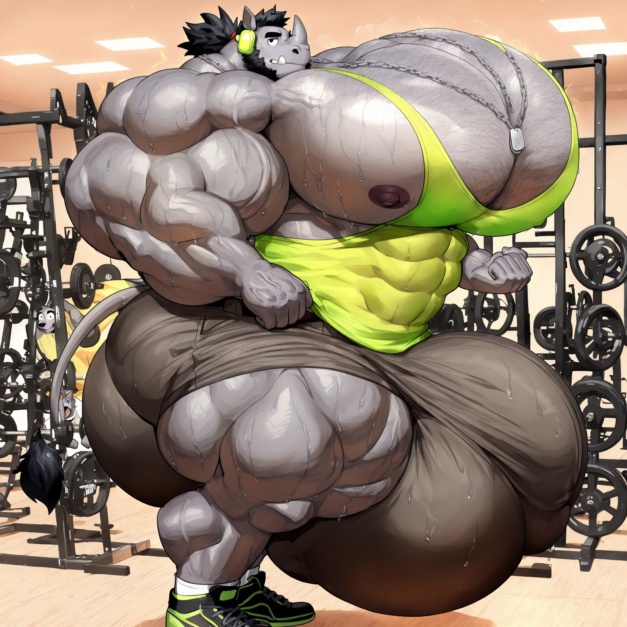 Old giant with big in the gym,Big abdominal muscles,Big legs and feet。,muscular,Huge breasts。Tall and brown skin