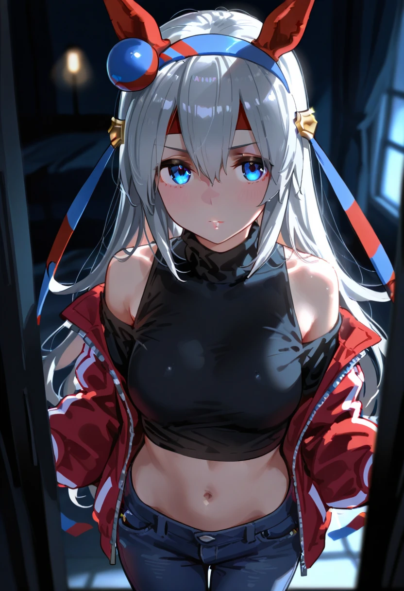Tomoe Gozen、Detailed Description、high resolution、One Girl、Slender、Silver Hair、long hair、ponytail、(blush)、Troubled face、White bra、White panties、Leaning forward、Looking up、belly button