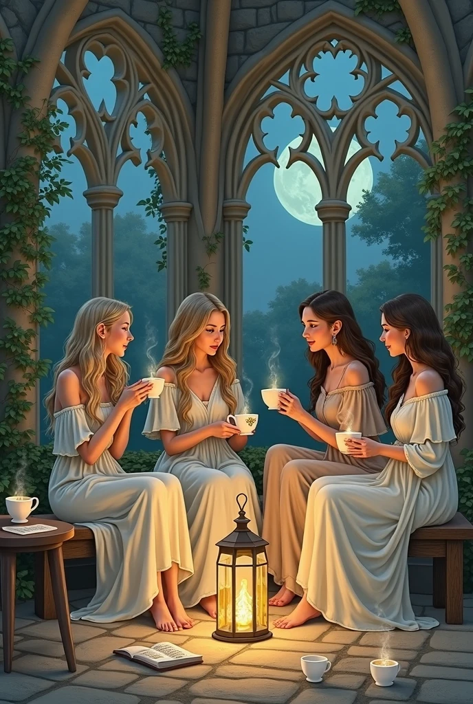 一个Full of tranquility的迷人夜景，Starry Sky，(Four women with different looks and personalities are sitting comfortably on a wooden bench:1.5)，Talking passionately，(There are white girls，Asian Girls，Middle Eastern Girls and Hispanic Girls)，The silver moon shone softly on them，The sky spreads out like velvet dipped in ink，Dotted with countless twinkling stars，These stars look like celestial gems scattered across the vast canvas of the universe.，The air around them is fresh，Full of tranquility，Filled with the quiet intimacy of their shared time，Their surroundings are bathed in the soft glow of the stars and the moon.，Providing just enough light to illuminate their faces and the intricate details around them，，Create a dreamy、Almost surreal atmosphere，(8k，Bright colors，Bright，Ultra high saturation，rgb, Colorful)，(High contrast:1.5)，(whole body:1.8), magazine photography，Popular on social platforms，((Dopamineism))，(((Dopamine color matching)))，Dopamine，(in the style of Y2K)，Luo Erchun，Three-dimensional ancient style，Oriental poetry and painting
