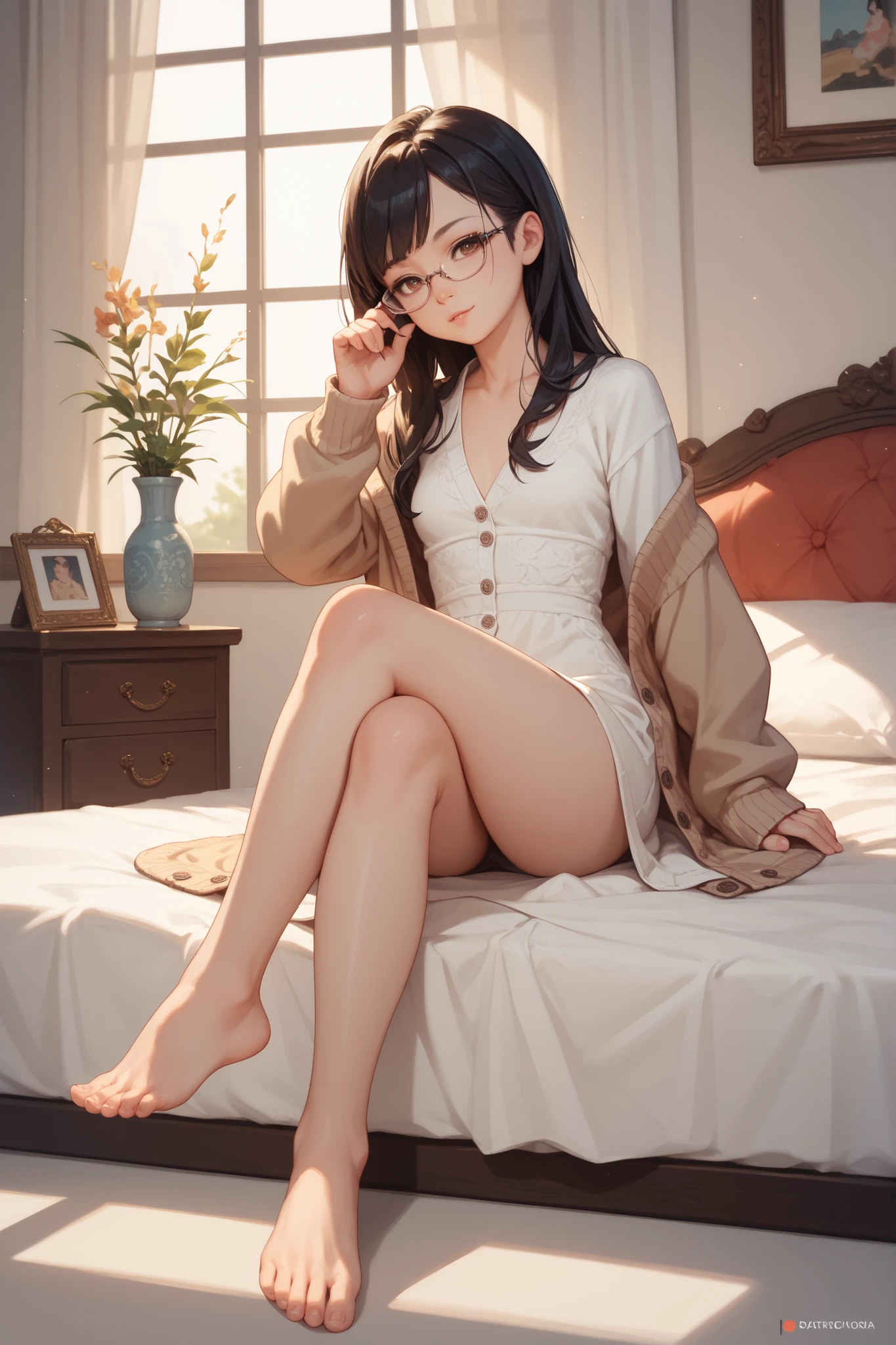 NSFW, masterpiece, Highest quality, beautiful, high resolution, perfect anatomy, top-quality、 8K、  bathrobe, (woman) in a bathrobe, rocking chair, Sitting in a rocking chair,         Sitting in a rocking chair in a bathrobe、 a beauty girl、 Nice、 Beautiful hair、 Beautiful eyes、 Beautiful skin、Beautiful legs、Beautiful arms、Perfect fingers、 Very cute、 Very kawaii、