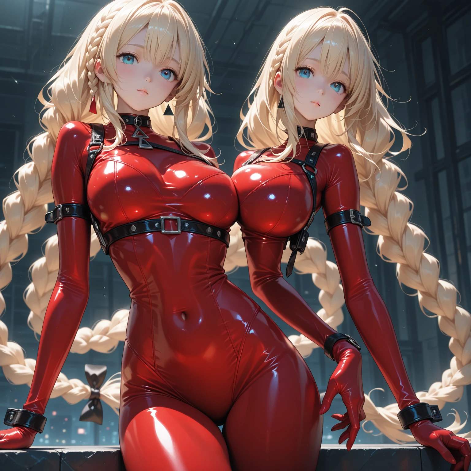 high detail, Full body, wearing (tight shirt:1.2), beautiful detailed face, hazel eyes, (attractive fitness woman:1.3), (seductive:1.1), (blushing:1.1), hourglass body shape, complete shiny aerobic black and red latex bodysuit, big round breasts