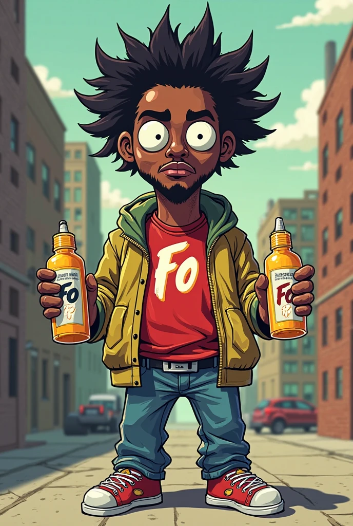 I want a male cartoon character with brown skin and curly hair, one side white and one side black, with a chest tattoo that says family.