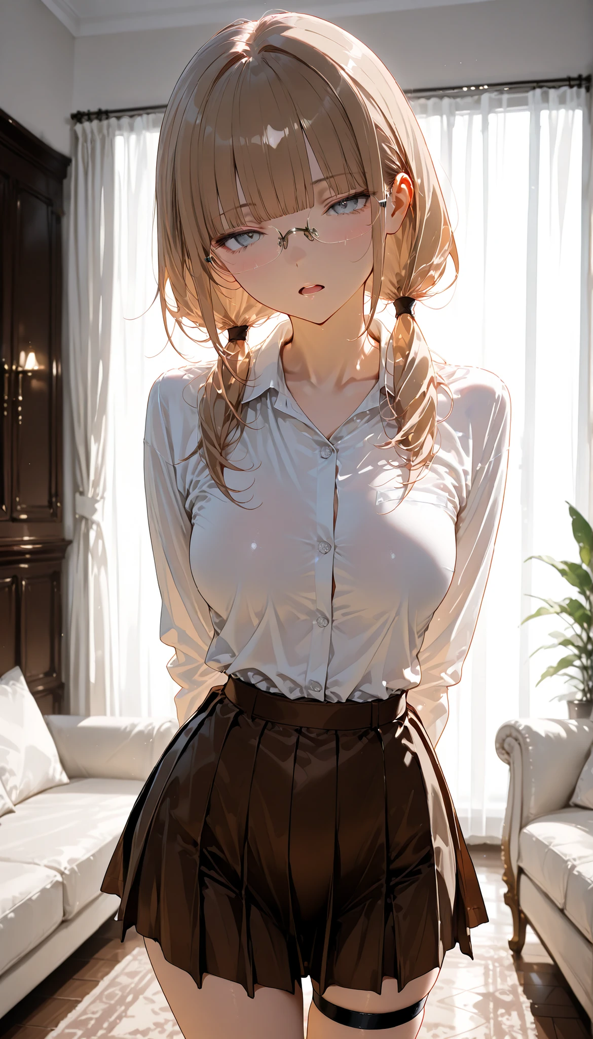 absurdres, (masterpiece, best quality), (ultra-detailed), extremely detailed, super high resolution, (Top Quality photorealistic Illustration), (Super Definition), (best quality,masterpiece:1.0),(cute illustration:1.3), (high Saturation:1.2), highres, ultra-detailed, 32k,8k resolution, intricate details, cinematic scene, detailed background, detailed background,(masutepiece:1.2), (Best Quality:1.2), hyper detailed illustration, beautiful artwork,(Extreme detail CG Unity), (8K Wallpaper)、(exquisite lighting and shadow)、(highly dramatic picture)、(cinematic lens effects),strong light coming in, BREAK 1 girl, (aaerika:1.8),cute girl, (round face:1.6), (baby face:1.6), (kawaii:1.6), (cute:1.6), (loli face:1.6), (round eyes), (ultra-detailed brilliant big eyes), (large pupil), ((shiny skin)), ((pale skin)), (shy), (blush), smile, BREAK baby pink eyes, long hair, twintails, hair ribbon, , neck ribbon, collared shirt, BREAK(open shirt:1.6), (show off nipples:1.8), (exposing bare breasts:1.8), (exposed chest:1.8), (no bra:1.3),medium breasts, (small nipples:1.2), (small areolas:1.2),white jacket, black skirt, pleated skirt,(floating skirt),(very extremely small panties),(pussy line), Hands between legs,(Sitting on the sofa),knees up, Big smile