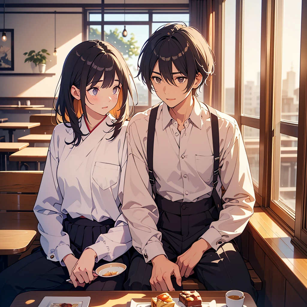 「In a quiet cafe、It's raining outside the window。The character is sitting by the window、Holding a hot cup of coffee and watching the rain fall outside。The background is in soft blue and grey tones.、It creates a calm atmosphere。The characters are dressed casually.、The cafe's interior is decorated with wooden furniture and ornamental plants.。」