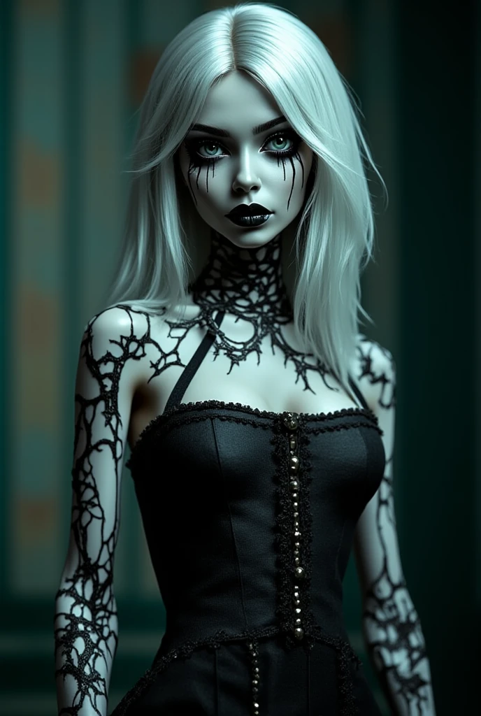 Full body shown. A zombie woman in a maid outfit, extremely detailed eyes and face, beautiful detailed lips, longeyelashes, detailed zombie skin texture, maid outfit with lace and ribbons, Halloween night, horror, dark and moody atmosphere, dramatic lighting, pale skin, sunken eyes, sharp teeth, dripping blood, brain, (best quality,4k,8k,highres,masterpiece:1.2),ultra-detailed,(realistic,photorealistic,photo-realistic:1.37),dark colors,deep shadows,cinematic,dramatic. Full body shon, show her from head to toe