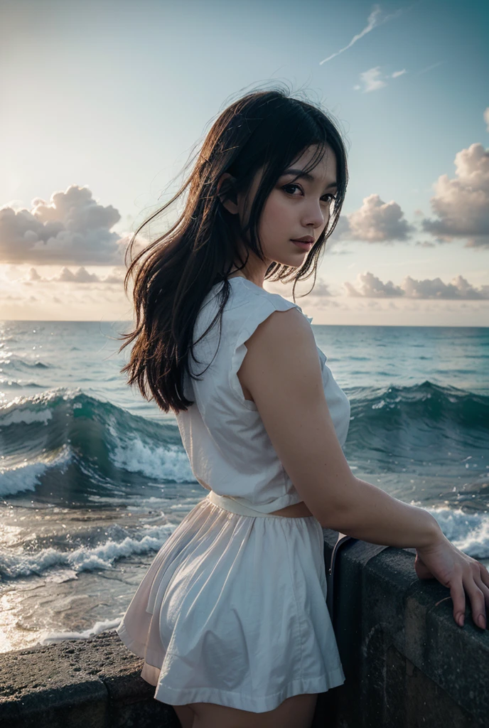 (Close up face shot of slender small-breasted red brown wavy long hair with dull bangs girl wearing a white summer dress:1.5)、(One girl is looking back and crying face with tears on the coast in Japan:1.5)、(Beautiful after sunset red sky with big red cloud:1.5)、(blurred background:1.5)、(Natural light:1.5)、(8k ultra detailed master piece:1.5)、(perfect anatomy:1.5)、(Photorealistic stick:1.5)、(Raw photo:1.3)、(highest quality:1.5)、(High resolution:1.3)、(Delicate and beautiful perfect face:1.3)、(Delicate and beautiful eye air skin:1.3)、(Real Human Skin:1.3)、((thin legs))