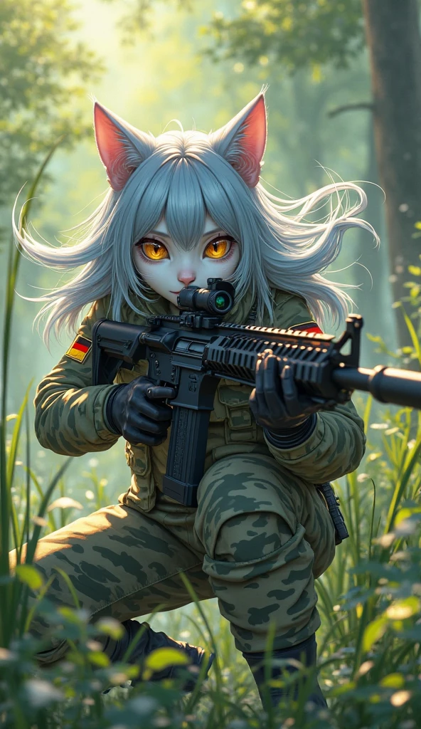 Full body in frame. (Tank tracks. Tank chassis(+1.5)). (Cyborg woman sticking out of top of a tank from her waist up(+1.9)). Safety glasses. Boyish body. Huge breasts. Bikini atmor. Metal cat ear gamer headphones with radio antenna and microphone. Thick twin pigtail braids.