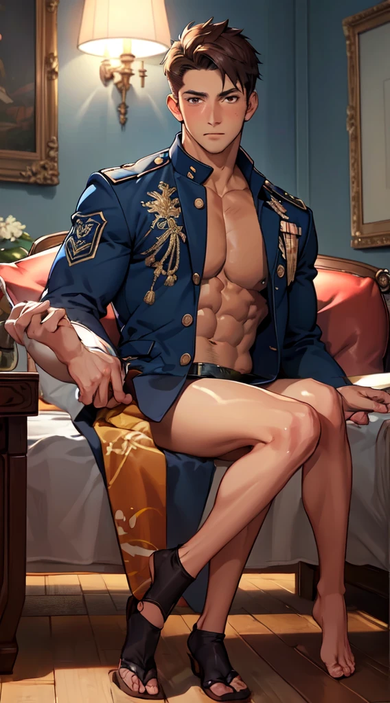 (masterpiece, best quality ), 1man, muscular, short hair, brown eyes, intricate, (living room) , full body, white navy uniform, open blue jacket, vivid colors,(depth of field:1.2),(abs),blush, looking at viewer, on sofa, spread legs, visible chest, hair flowing with wind