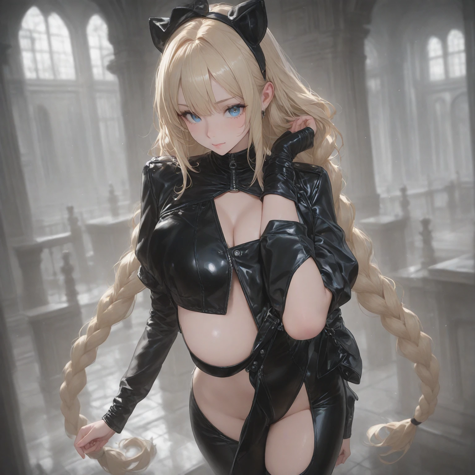 lease, blonde、long hair、bondage、thigh high boots、Photo from below、medium chest、prison、first round、Chains in both hands、embarrassed expression