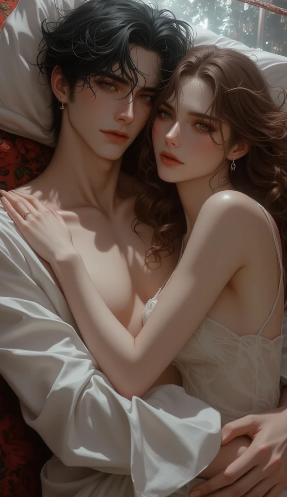 High-quality images of couples: blond man (Tall、Statue-like、Handsome and、Brave young man、Blue eyes、Curly golden hair、Wearing a grey antique military uniform) A woman with black hair (long straight black hair、Long Bangs、Blackberry eyes、A beautiful young femme fatale、naked、PRİNCESS、Hugging。They are in love with each other。Created by Boris Vallejo「Ideal Anatomy」The sketch of、It is characterized by being very detailed.。masterpiece、Detailed study of the face、Beautiful Face、Features of Beautiful Face、Perfect Image、Realistic shots、Detailed study of the face、Full body image、8k、Detailed Images、Highly detailed illustration、A true masterpiece of the highest quality、Careful drawing。Bare Skin、Gown and naked watercolor、
Gothic、Romance Black Panties、
Large drops of sweat、Dripping Sweat、A look of ecstasy as she spreads her legs wide、Fierce love