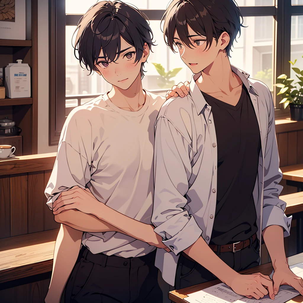 BREAK (25-year-old male:1.5) and (Mahogany brown short hair) and (Green Eyes) BREAK、(looking away:1.5),profile、masterpiece、Highest quality、 (smile:1.5),The background is the living room、Sitting on the couch、Wearing a collared shirt、(alone:1.5)