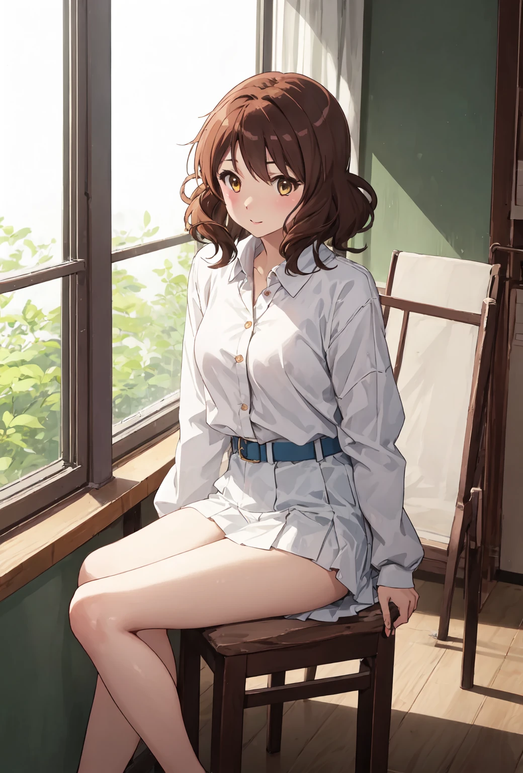(Highest quality, High resolution,  Masterpiece, 4K), (Soft light、Luster of hair、Beautiful eyes)、young woman、The whole body is visible、A begging smile ((Wavy medium short hair, bangs, Chestnut Hair)), ((Wistful eyes、Gray Eyes, Perfect Eyes)), ((Detailed face, blush:1.1)), ((Smooth texture:0.75, Realistic texture:0.65, Realistic:1.1, Anime CG Style)),Medium chest、Glamorous Body、(Sexy thighs、I see beautiful legs)、　(Navy pleated mini skirt,Light brown cardigan),Earrings、Angle from the front、Peeking into this、The hem of the shirt comes out、Angle from below