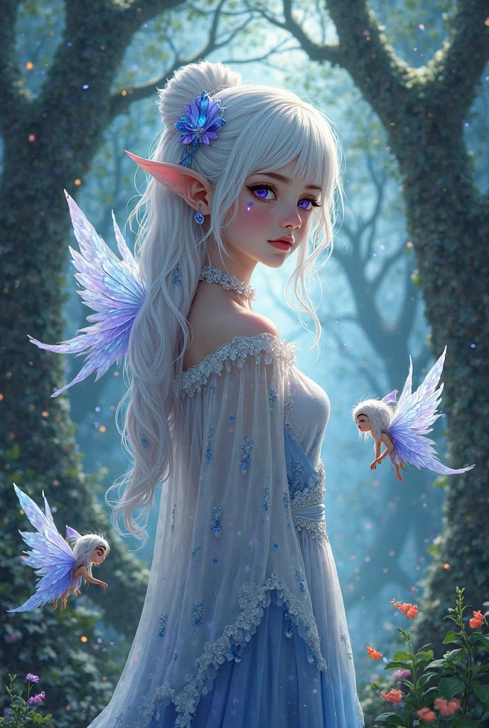 ((Best Picture Quality, 8k, tmasterpiece:1.3)), 1girl, Beautiful woman with slender abs:1.3, ( Delicate and intricate hair accessories,huge tit:1.2), shift dresses:1.1, Ultra-fine face, A detailed eye, 二重まぶた,Highest image quality,tmasterpiece,Beautiful CG ,with short white hair,1 girl,elvish ears,transparent wings,watery big eyes,Short knee-length skirt,high light,on back,Turn your head and smile,natural soft light,Hyper-realistic,Cinematic lighting texture,Withering white petals,Beautiful --auto