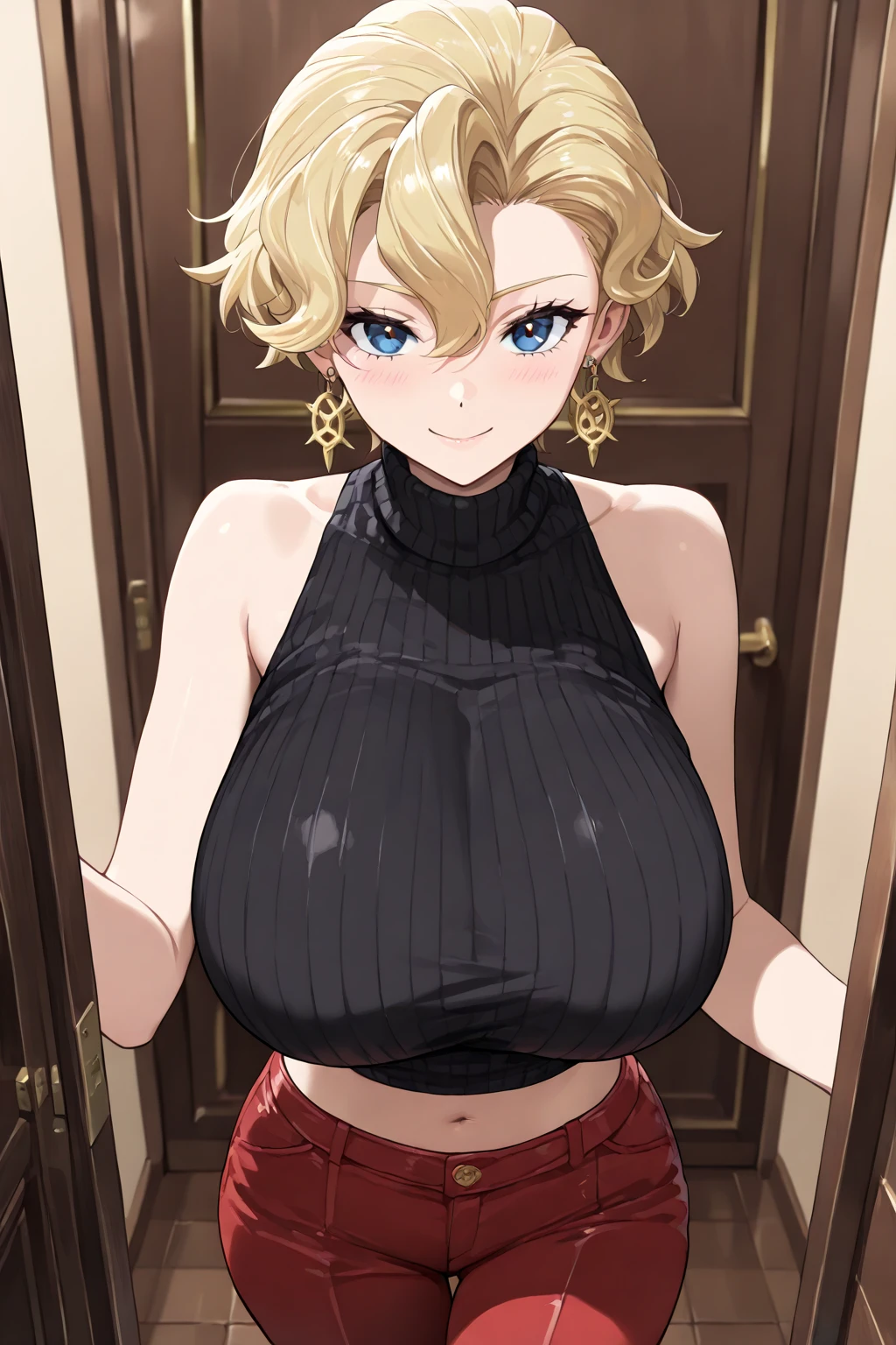 hayasakamama, 1 girl, alone, blonde, blue eyes, Looking at the audience, short hair, masterpiece, highest quality,China dress、 smile、Simple Background、((Huge breasts:1.3))