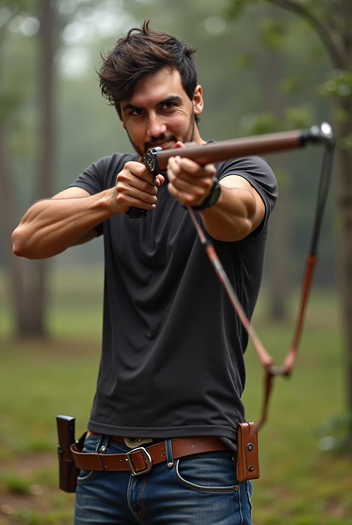 homem arafiado com arco e flecha na floresta, segurando arco e flecha, apontando seu arco, segurando um arco e flecha, empunhando um arco, com arco e flecha, segurando um arco longo, hold mechanical bow and arrow, abdominais cinzelados, arco de arqueiro, Holding a noose, meio tiro de um hunky, Pose de arco de tiro heroico