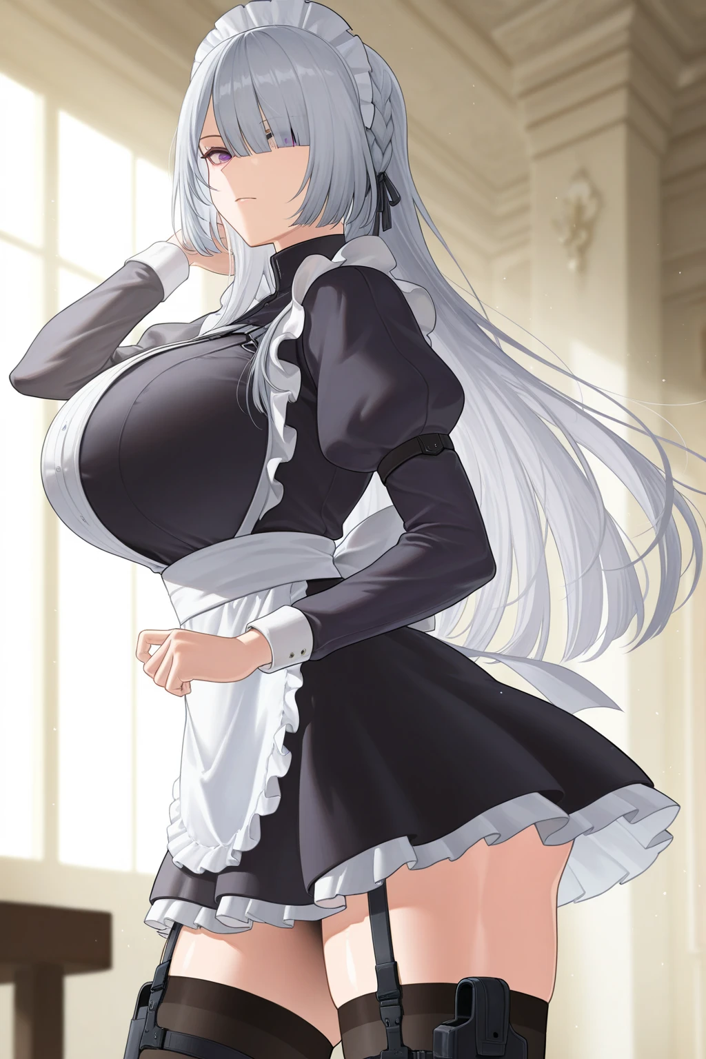 Ultra-detailed,((anime art style)),Extremely detailed,masutepiece,(Best Quality),(Super Detail),(Very delicate and beautiful),((Solo)),((Standing Pose,Full body,Front view)),Looking at Viewer,((Detailed face and eyes)),Blue eyes,Perfect eyes,Beautiful eyes like jewels,((blush)),((((very very gigantic boobs,drooping chest)))),(((1 victorian maid ,maturefemale))),((Pregnant)),((Victorian maid clothes,maid apronl,Long skirt)),(Silver hair,Large amount of straight hair,Absolutely long straight hair),white maid apron,(((Simple background))),long_gloves,very luxurious jeweled hair ornament,white maid headdress,((victorian maid)),Front view,Full body,