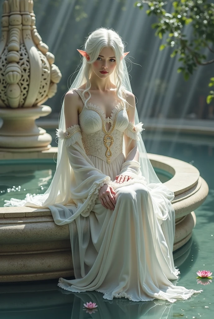 ((best quality)), ((masterpiece)), (detailed), perfect face Venus model, seductive, unreal engine, hyper realistic, ultra detailed, vintage style, perfect model, floating in the air, above the clouds, waist long white hair, wavy hair, glorious transparent long dress, shiny skin, wearing leaves crown, glowing body