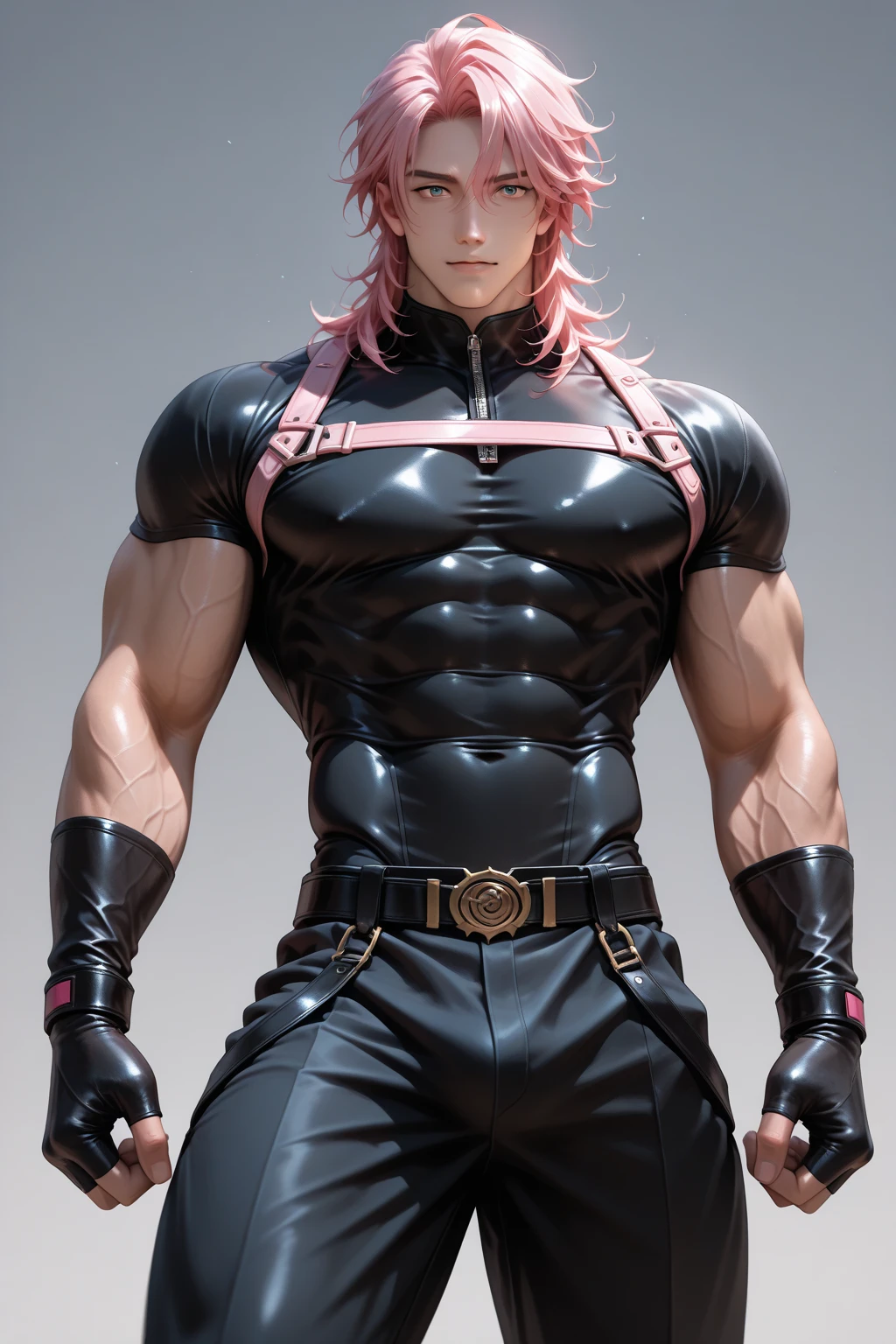 (Full body:1.2), Sleeping, lying in back, Soft youthful face, muscular, (gigantic pecs:1.0), abs, (gigantic muscles):1.2, (absurdres, highres, ultra detailed), 1 male, adult, handsome, tall muscular guy, broad shoulders, finely detailed eyes and detailed face, pink long hair, green eyes, dim light and deep shadows, sci-fi, tied down to operating table, bondage, mysterious,