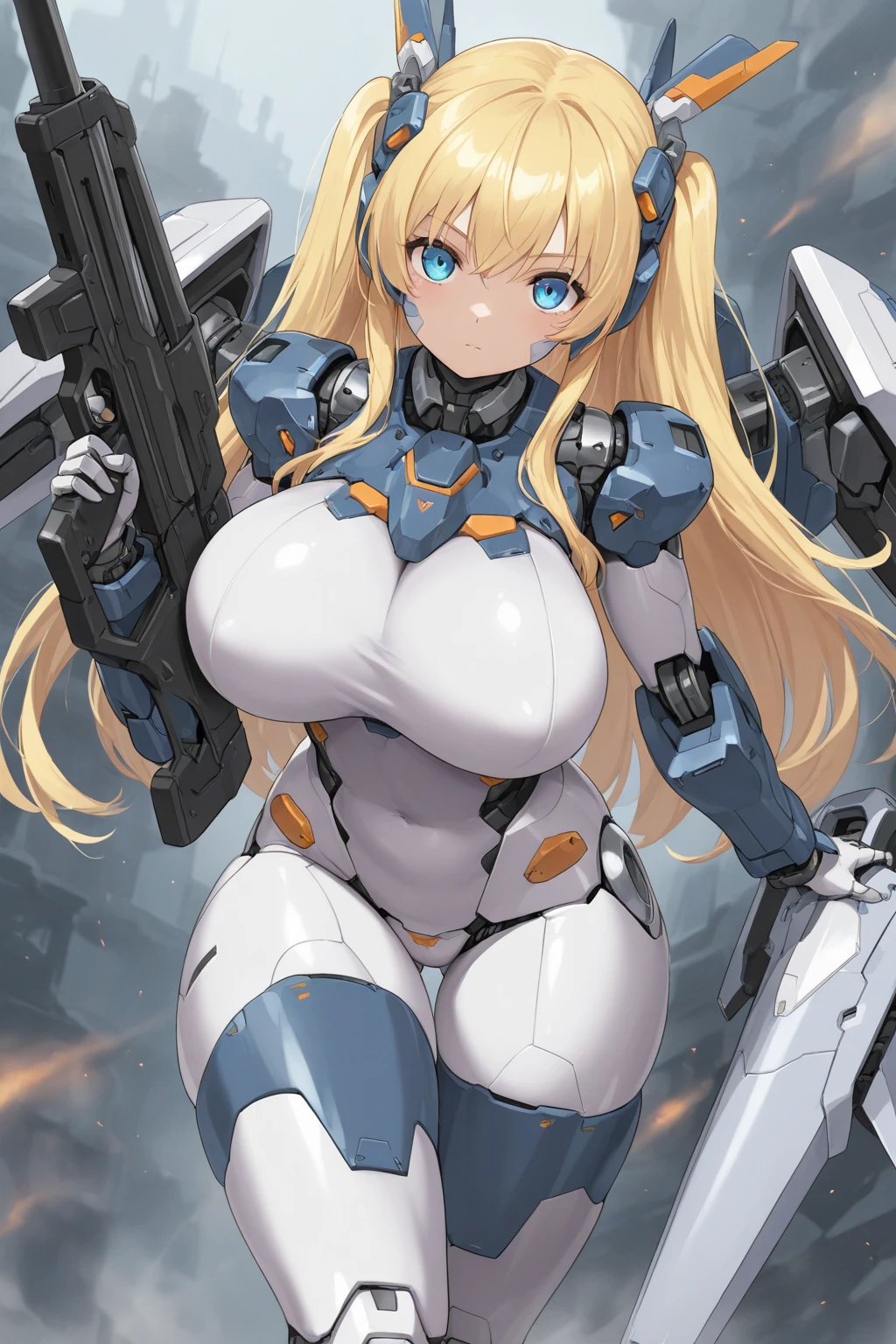 Woman body defines thick thigh cybernetics body parts, exposing large breasts, mecha wind, revealing face