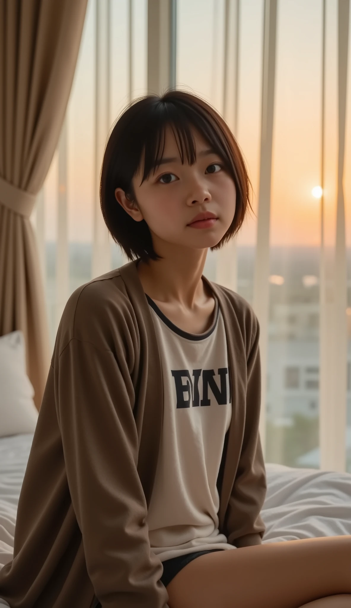 (8k), (best quality), RAW photo, (photo realistic:1.4), very detailed pictures of zombies wandering,Very cute Japanese girl,
without makeup, Glossy, (VERY SLIM BODY), flat chest, ((Straight Bob Cut)) , bungs,I'm having fun and laughing, beautiful black hair shining gold in the sunset,Oversized lettered hoodie, profile, sitting on a hotel bed, The sunset is shining through the curtains, is extremely fine, cinematic background with classy attire