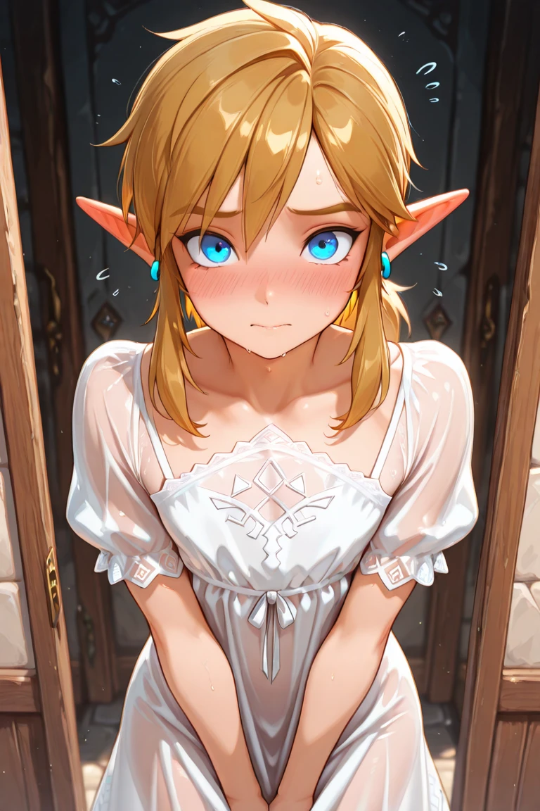 zelda\(princess\), 1girl, solo, large breasts, cleavage, seductive smile, sexy pose, ((white bridal lingerie)), ((micro lingerie)), bare arms, skinny, young , 18 year old, blonde hair, in bed, ((pov))