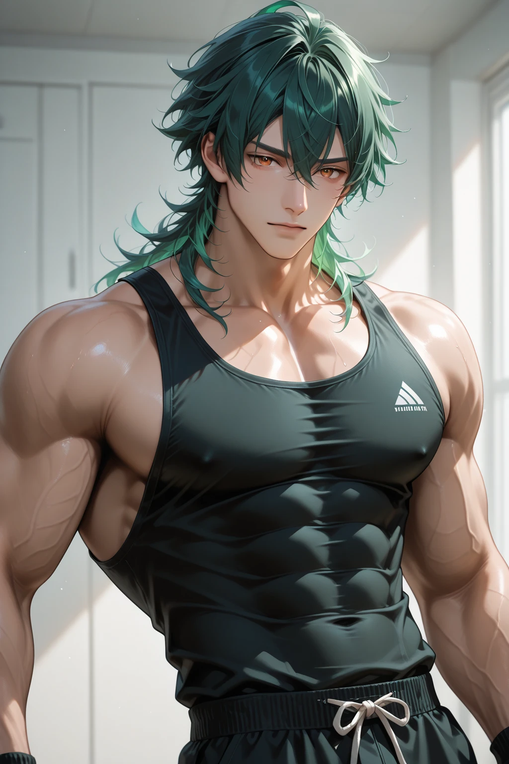 Handsome male, dark green hair, green eyes, soft features, faded beard, glasses, black tshirt, black pants, bulge in pants, detailed body, earrings, long hair tied back, curly hair, arrogant, expressionless