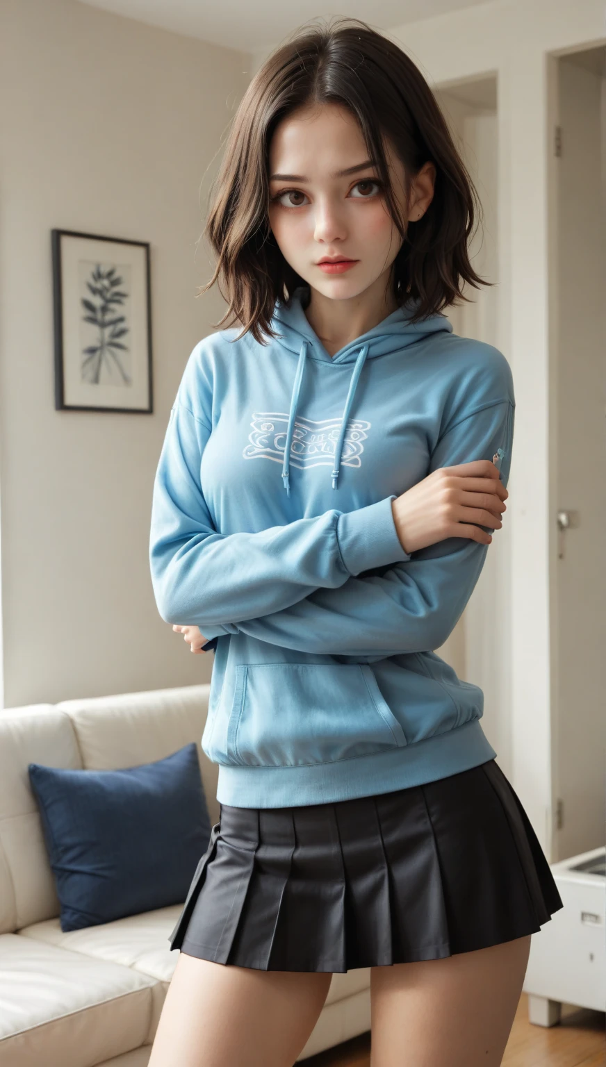 (masterpiece, best quality), 1girl, Turquoise Textured Crew Cut, Size G breasts,    <lora:OversizedClothes_FefaAIart:1> oversized hoodie