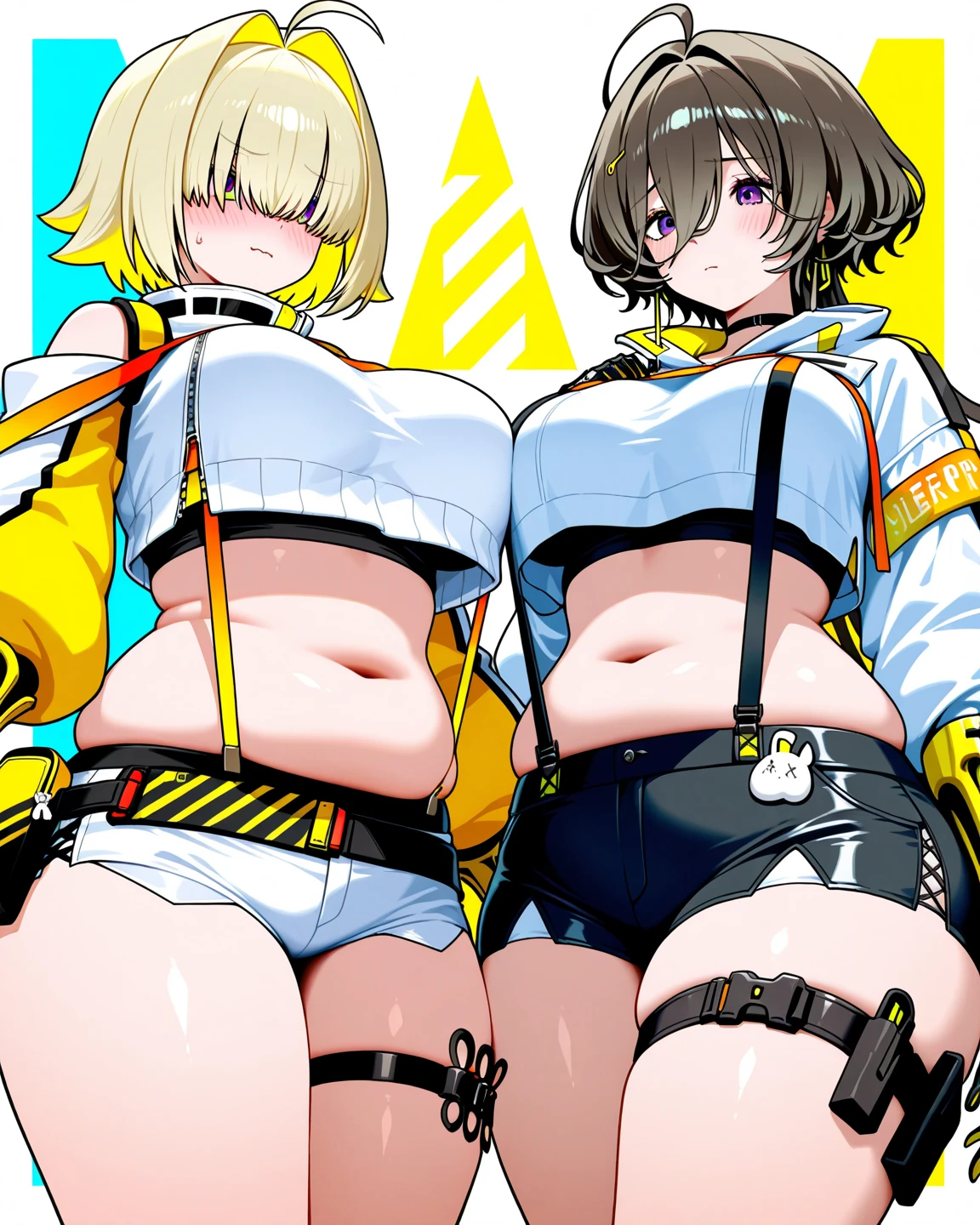 (((Little girl and tall girl,huge breast,)))2 gilrs,girl's_love,yuri,full nude,(Two beautiful girls are hugging each other,)Two beautiful girls are lying on the bed ,Shiny glossy body,Heavy breathing,saliva, sweat, Sweaty and wet all over,big breast,nipple,nsfw,((full body,)),((Elegg, Short hair, Hair intakes, Hair over eyes, Bangs, Blonde, Multicolored hair, Huge breasts, Crop top, Bare shoulders, Long sleeves, Suspenders, Navel, Midriff, Shorts, Thigh strap, Gloves)),