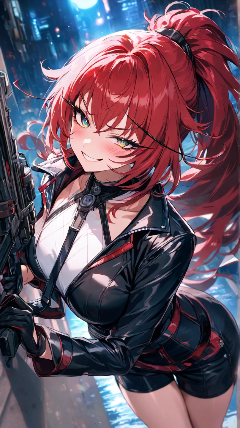  
(((masterpiece, Highest quality, 1girl, Beautiful attention to detail:1.6, Upper Body, Anatomically correct, Steampunk, Long Hair, natural fingers))), v shaped eyebrows, Sports Bra, grin, red hair, short cut, gray background