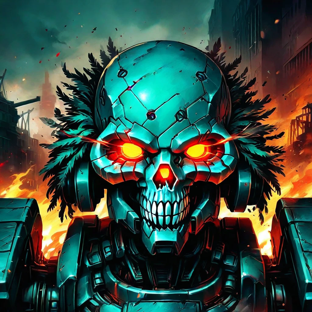 painting of testembV2, malfunctioning cyborg robot ninja,jaw open,blood in tubes,creepy,intricate details,sharp,4k, experimental,sci-fi,fear,red,black,blue,green,digital art,detailed background,mist,ominous,city,4k,particles,smoke,electricity
