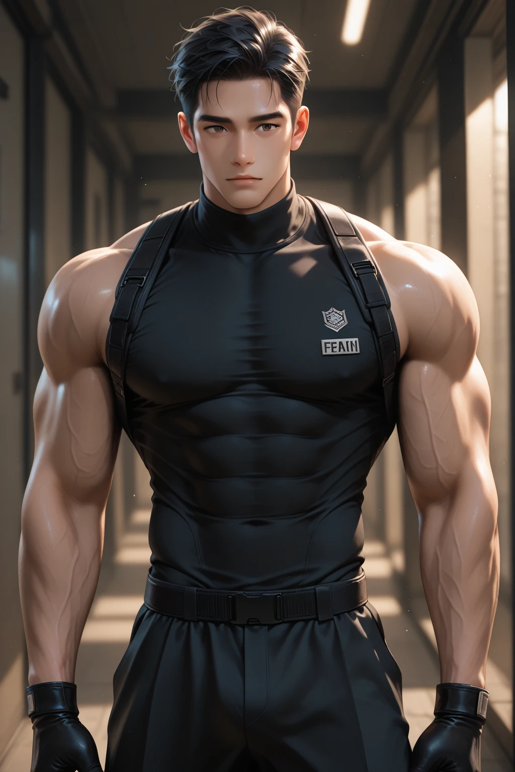 masterpiece,best quality,Look up at the characters,Stay away from the camera, (An 18-year-old boy with extraordinary development:1.2), Tall giant,(Kneeling upright in the campus hall),Orange tight cycling suit,muscle veins,(Broad and straight shoulders),Inverted triangle figure,Muscular shoulders,(Extremely strong body),large muscles, Muscular body,Fitness,Perfect body proportions,Inverted triangle figure,Biceps,Highlight muscle texture, Muscular body,Slender and toned legs,Tilted head,Small head,Handsome and cute face,Perfectly detailed facial features,Looking at the camera,A serious and angry expression,Radiant Skin,leaning back,head tilt, happy, very short hair, brown hair,(looking at viewer:1.2),Vision