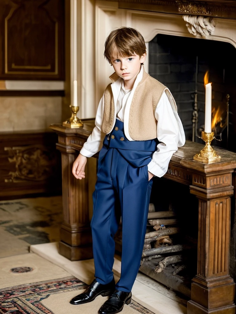 A 10-year-old boy next to a large fireplace, elegant and old, white skin, light brown hair, blue eyes, fine features, handsome boy, shy look, very sad, thoughtful, absent, melancholic and serious, very elegant clothes, fine London 