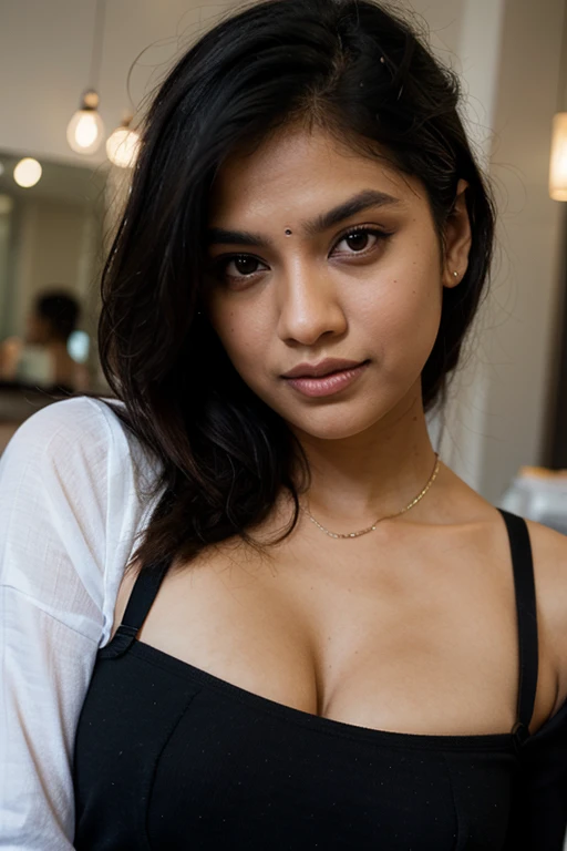 Cute north Indian Girl on omegle, Front angle, Looking at the camera, Giving a cute smile expression, starting to reveal her breasts, Young age 21-22 , cute attractive face, intimidating, makeup on face, very pretty, very low neck blouse, average size , cleavage exposed, cinematic, ultra realistic, 8k