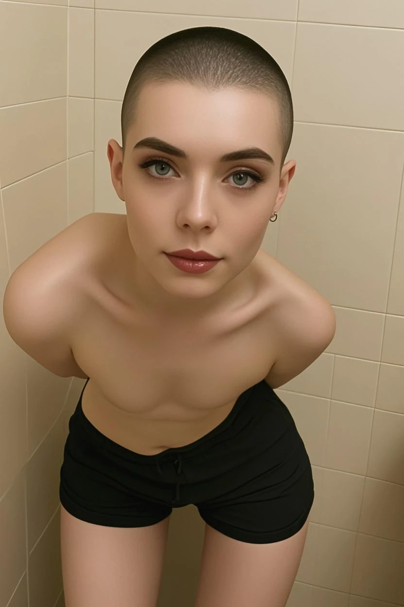 Selfie of An androgynous female woman. Very short hair. Short manly haircut. Dark-brown hair with a undercut. Very pale skin with freckles and liverspots. Round soft face. Round soft chin. Round soft cheeks. Curved lips. Long wide nose. Dark brown eyes. Upturned eyes. Very thin, barely visible eyebrows. Long neck. Slim. Small chest. Long thick legs. Happy. Smiling. Androgynous. Tomboyish. Wearing a towel. In the bath room.