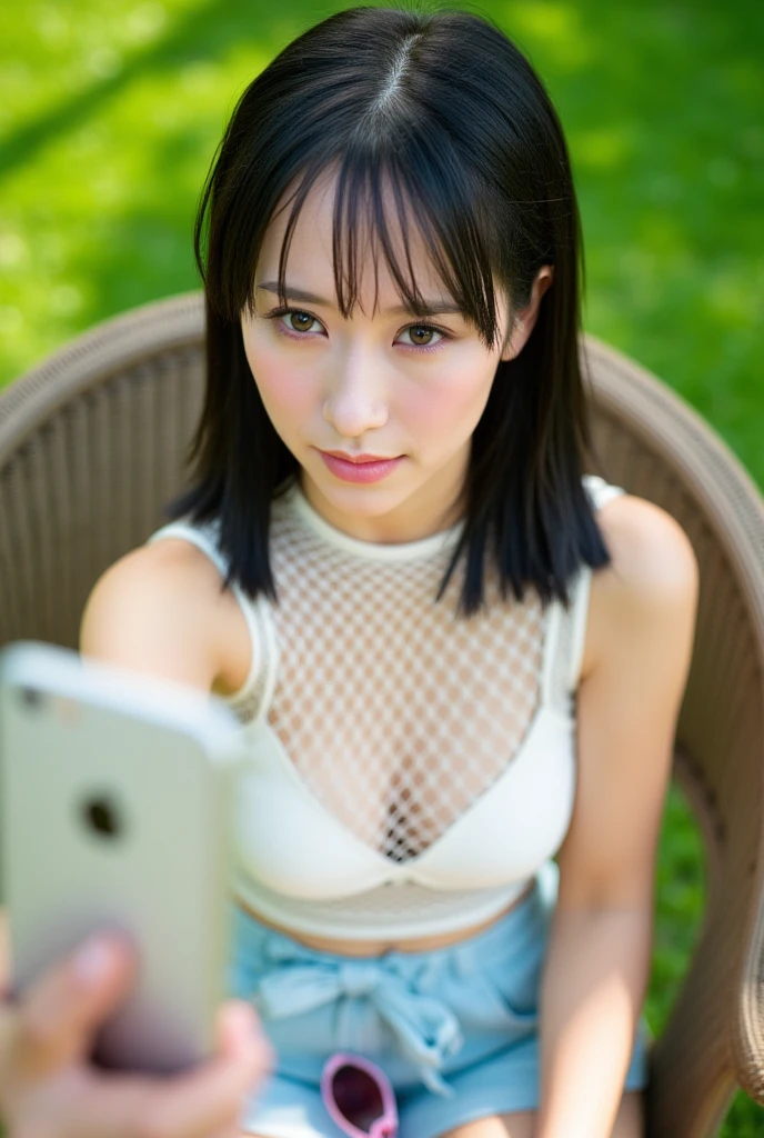 Japanese women, 19 years old, (Realistic), (Hyperrealism), (photoRealistic), (8k resolution), Written boundary depth, (Upper Body:1.2), Highly detailed face, Beautiful Eyes, Cute face, various expressions, Mr.々Hair style, (Small breasts:0.9), (Very small waist:0.7), Casual clothing、Holding a mobile phone、