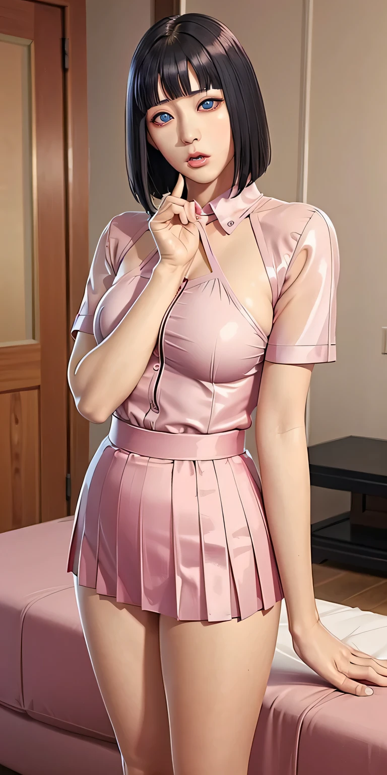 (8k, Highest quality, masterpiece: 1.2)(Realistic, photoRealistic, photo-Realistic:1.37)Wearing a turtleneck satin shirt made of vivid pink satin with a strong sheen of silk satin:1.8. Wearing a vivid pink satin long pleated skirt:1.8,Strong glossy satin,Soft, smooth and silky to the touch,The material is satin,No exposed skin:1.8,blush,Embarrassed look,gigantic breasts:1.8,Ultra HD,Plump,Chubby,smile,bigbody,Slit eyes,Very fat:1.2,blunt bangs:1.3,Short Bob,Hair tucked behind ear,wearing big earrings,Wearing vivid pink satin gloves:1.2,Photos of a woman in her room:1.5,Satin pleated skirt:1.8,She is wearing vivid pink satin long boots.:1.3,Leaning forward pose,