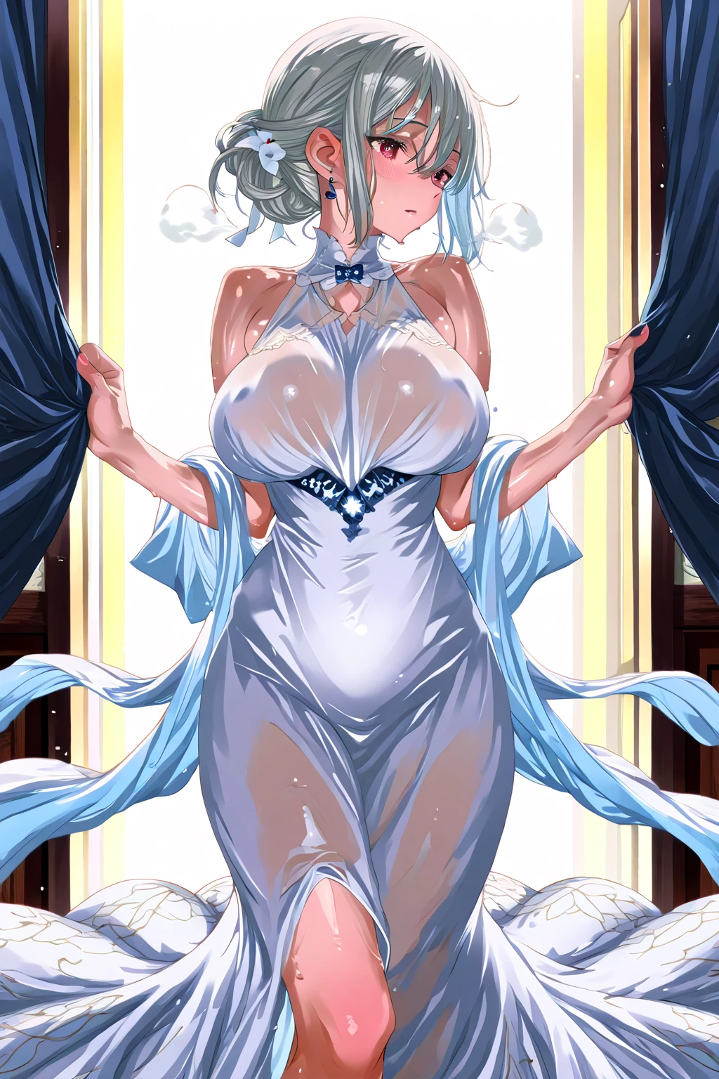 beautiful slutty princess, desire smile, She exhibits sexual arousal and intense desire,sex hunger,Strong sexual desire,Transparent gold and white underwear,Transparent clothes,High-cut bra,Huge breasts, guweiz masterpiece, wearing white boots,Rich details throughout the fuselage