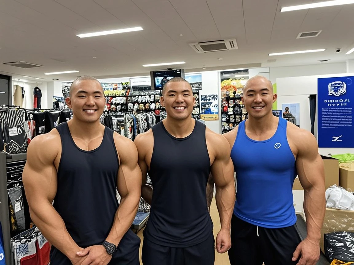 (at gym:1.4), 40's, (Japanese face:1.4), (Korean face:1.4), (Chinese face:1.4), (Taiwanese face:1.4), manly face, fat face, (round face:1.4), (monolid eyes:1.2), (buzz cut:1.5), very large and strong body, bulky body, beefy muscles, (bulging muscles:1.4), (very large pectoral muscles:1.4), (muscular arms:1.4), muscular abs, muscular legs, muscular back, bright oily skin, (realistic:1.2), distant view