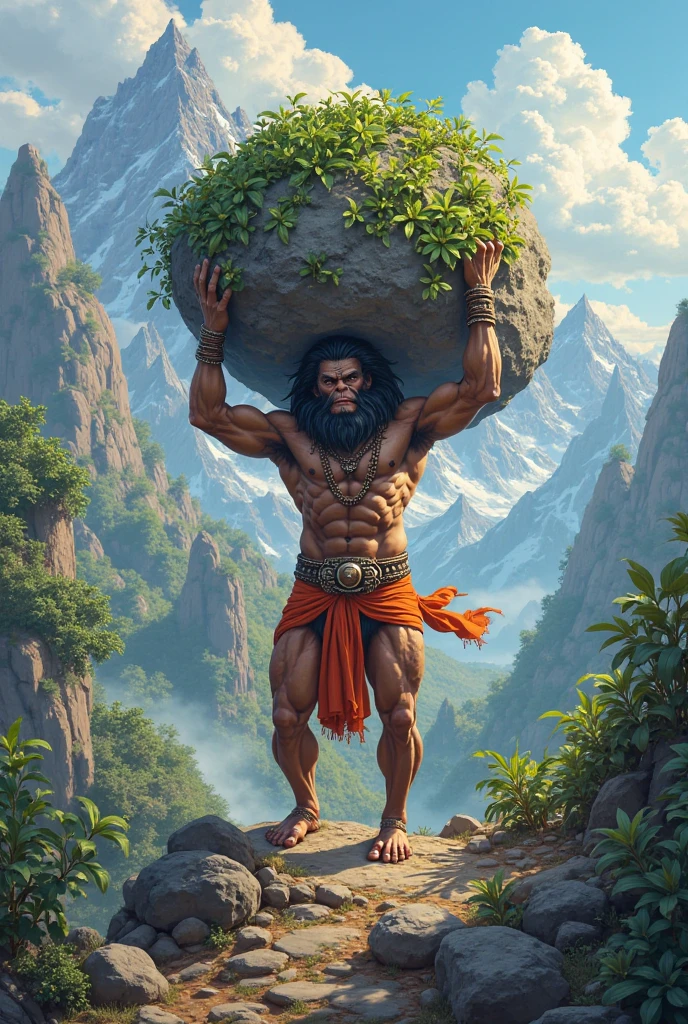 In cenamatic 3d cartoon style " Hanuman lifting a mountain (Sanjeevani Booti) with one hand, standing on a vast landscape with determination on his face.