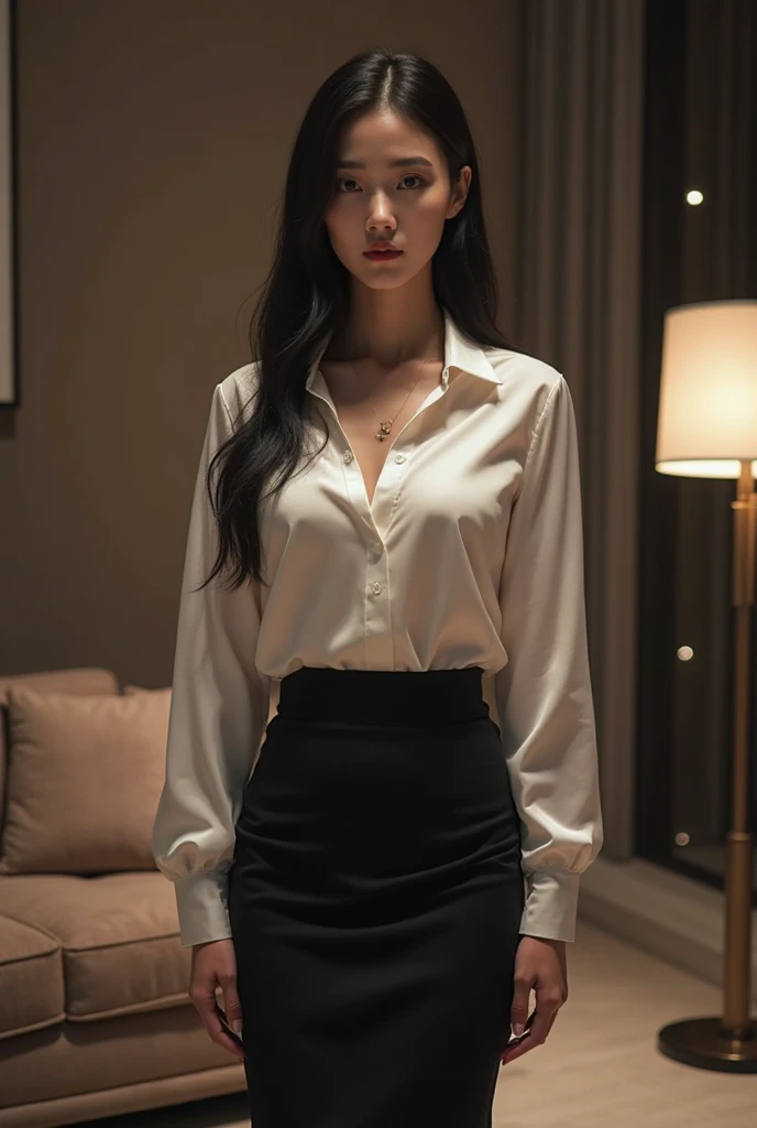 a beautiful woman wearing a white silk shirt with a deep v-neck, a black business suit, a red lace bra, a pencil skirt with a leg slit, Lucy Liu, elegant, photorealistic, 8k, highly detailed, chiaroscuro lighting, cinematic composition