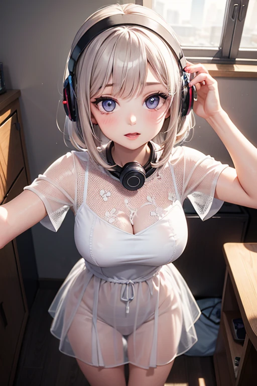 nsfw,(1boy and 1girl are having sex,lying on her stomach,vaginale,sex,:1.8),Shiny golden hair、Dazzling blonde, super long, silky hair、Cute little beautiful face of、Shiny hair dancing in front of a beautiful face、length, Silky bangs that cover the eyes、Bright pale blue eyes、Hair fluttering in the wind、Hair that hides the face、Sexy and cute young woman with super long bangs、Pure white skin、Oil-based cheek gloss、Small Face Beauty、TVAddicted to games、Headphones、Wet white tube top bra、Wet grey tight see-through hot pants、Highest quality、RAW Photos、Portrait、True to anatomy、slender、Big Breasts、(Fullbody,shot:1.2),(vulgarity1.3),(saliva:1.2),