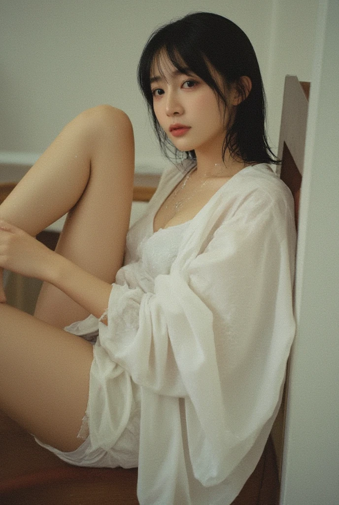 ((最high quality、8K、masterpiece、Portrait:1.3)), (ambient light:1.5), (bounce writing:1.8) ,H Photorealistic, sharp focus, high quality, HDTV, solo, Japanese, woman, Beauty like an actress, live alone、Midsummer、High temperature、high humidity、(Lower school year:1.5)、(Poor life:1.2)、I can see the cleavage, 15 years old, lean and toned body:1.5, small breasts:1.5, (sloppy body:1.2)、wavy hair, wrinkles around the eyes, I don't have money to buy clothes、Being naked、naked people、((show your pussy:1.5)), (cluttered background, messy room: 1.5)、woman用衣類が乱雑に散らかっている、(Old house in Japan:1.2), evening light、Lying on your back with your legs spread while look in front of you eyes, show your pussy:1.5、cleavage、spread your legs:1.5、vaginal opening、clitoris、anus、Lower school year、poor、Vile