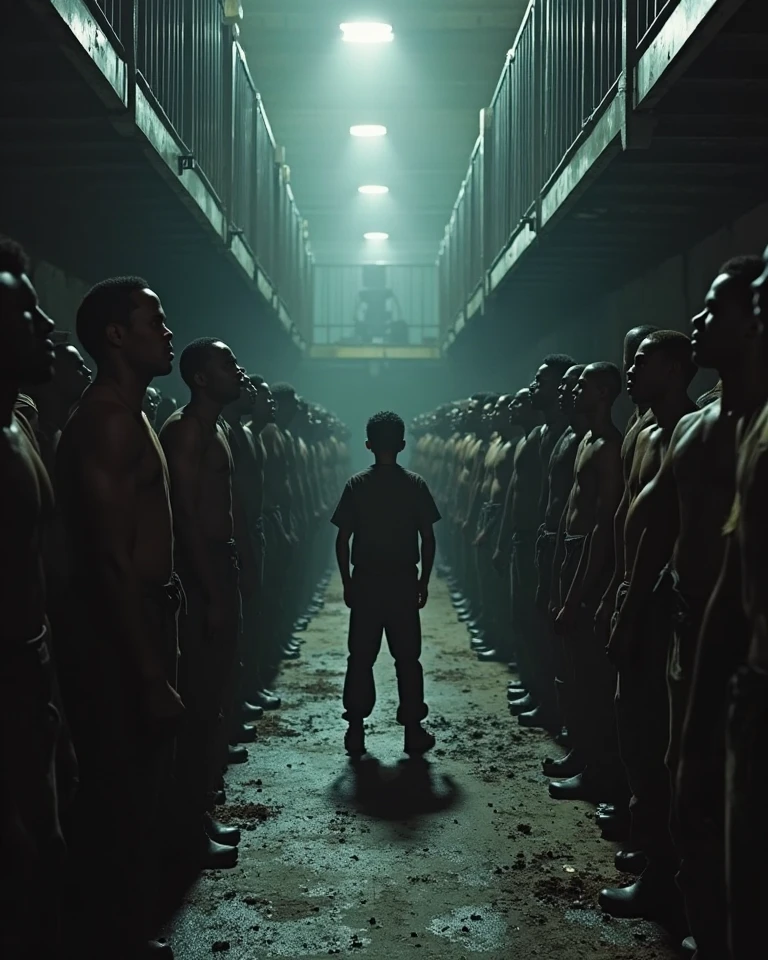 Make a prison where black and white male bodies are vulnerable to danger. Prison needs to be a dirty environment, dark and scary and bodies need to be weak. There needs to be a police force to watch over these people.. The guard may be in the center and he needs to convey fear 